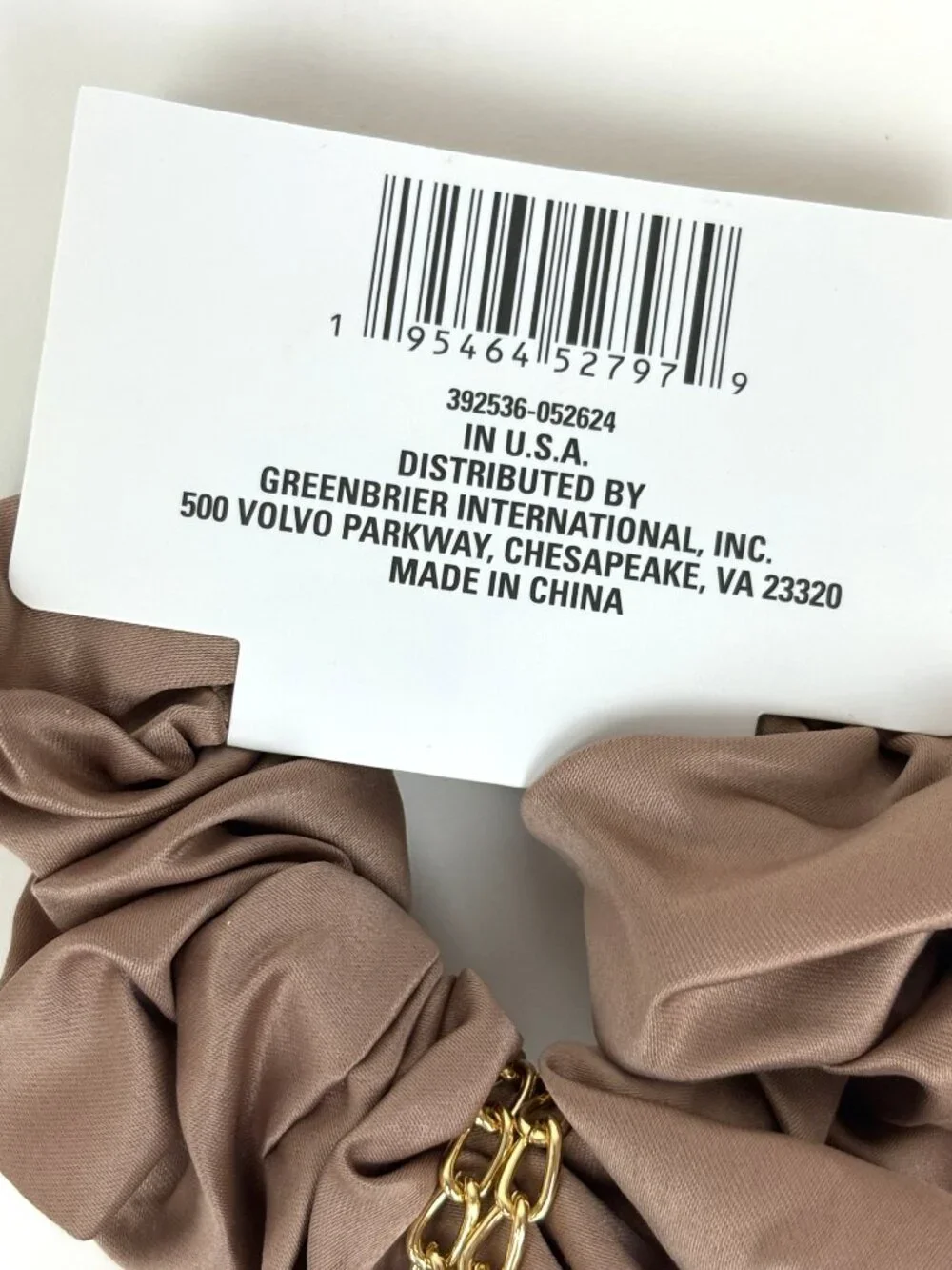 Taupe / brown satin hair scrunchie with a gold chain and hanging pearl charm New